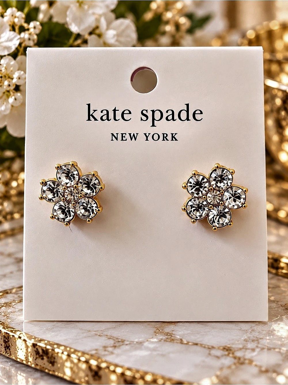 Kate Spade New York Crystal Flower Cluster Gold Tone Stud Earrings NWT